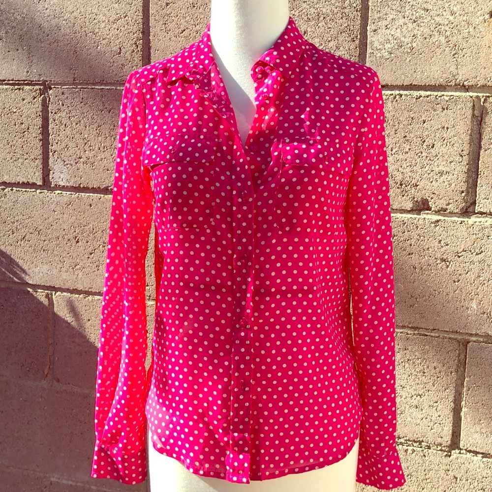 American Eagle Pink and Cream Polka Dot Blouse